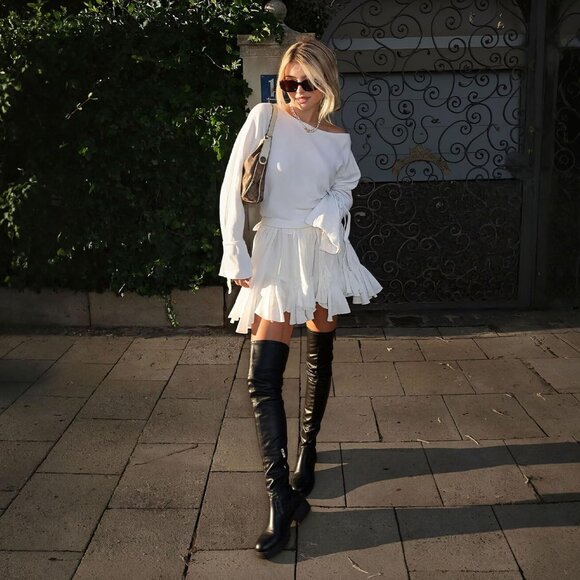 Womens Black Polyurethane (PU) Rounded Toe Chunky Heel Stretch Thigh High Boots - Picture 7 of 7